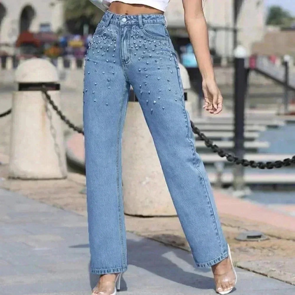 Womens Rhinestone Detail High Waisted Straight Leg Jeans - Picture 1 of 6